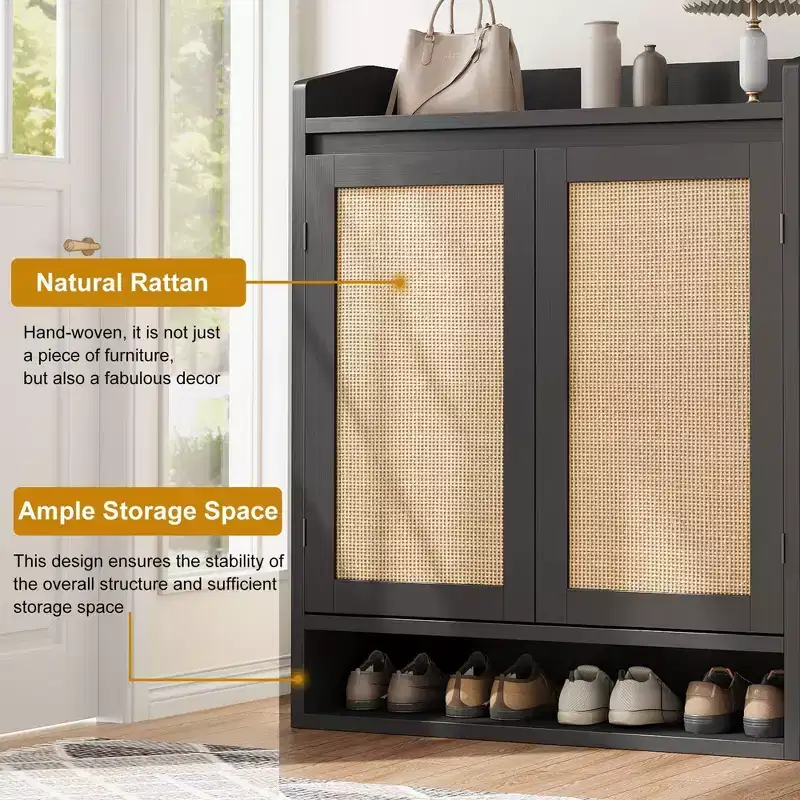Rattan Shoe Cabinet, Boho Wooden Shoe Storage Organizer with Adjustable Shelves for Entryway, Hallway