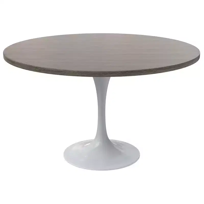 LeisureMod Verve Mid-Century Modern Table with a 48 Round MDF Tabletop and White Steel Pedestal Base for Kitchen and Dining Room in Dark Maple