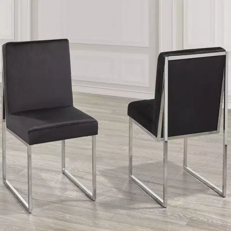 Set of 2 Modern Upholstered Dining Chairs with Chrome Frame, Black