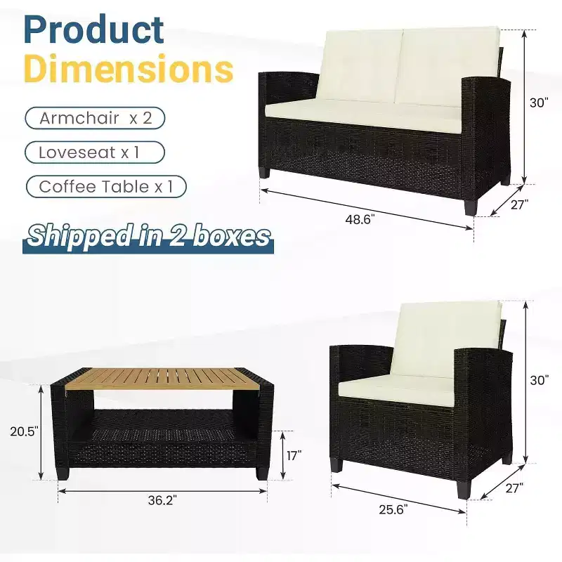 Heynemo 4-Piece Patio Furniture Set, All Weather Wicker Patio Conversation Seating Sets with 2-Tier Coffee Table, Outdoor Sofa Couch