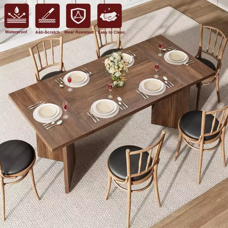 71 Inch Rectangular Dining Table for 6, Rustic Tall Kitchen Table with Large Tabletop, Long Wooden Table with Heavy Duty Legs, Walnut