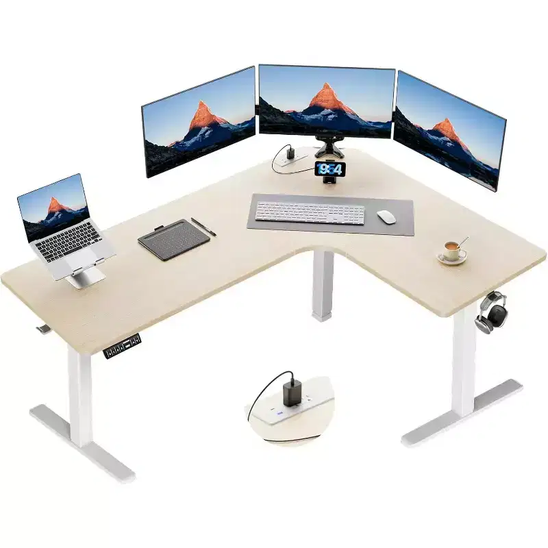 HUANUO 63 In Dual Motor L-Shaped Standing Desk, Built-in Power Outlets, Electric Height Adjustable Corner Computer Desk, Sit Stand Up Desk