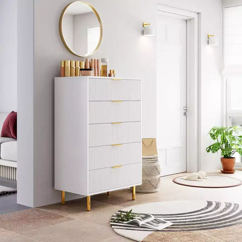 Acekool White 5 Drawer Dresser for Bedroom, 48 Tall Modern Chest, Gold Metal Legs, Grooved Accent, Storage Organizer for Home, Hallway, Office