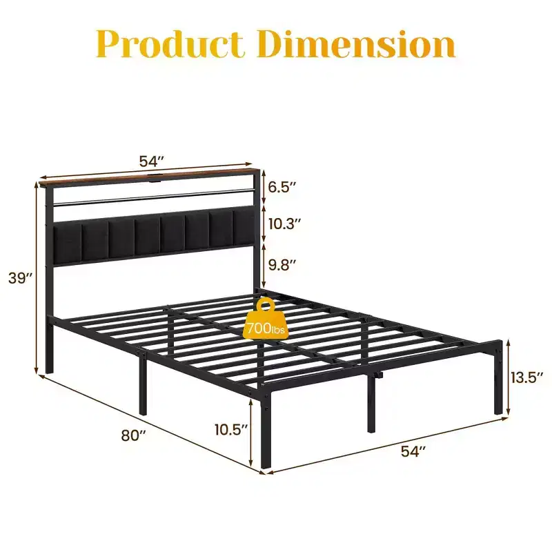 Full Size Bed Frame with Charging Station, Metal Slats, Upholstered Headboard with Storage, No Box Spring Needed