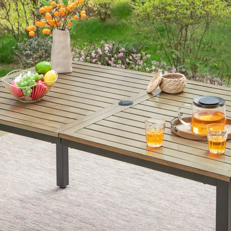7pc Metal Patio Dining Set with Rectangular Faux Wood Table & 6 Stackable Chairs - Captiva Designs