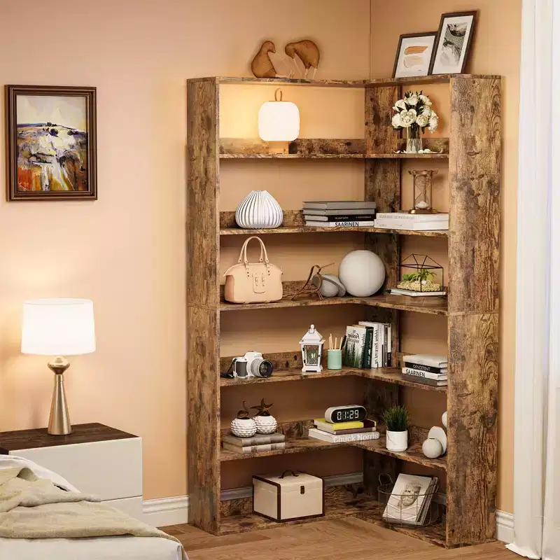 Corner Book Shelf, 6-Tier Tall Corner Bookcase with Baffles, L-Shaped Modern Industrial Display Bookshelf, Corner Shelf Unit