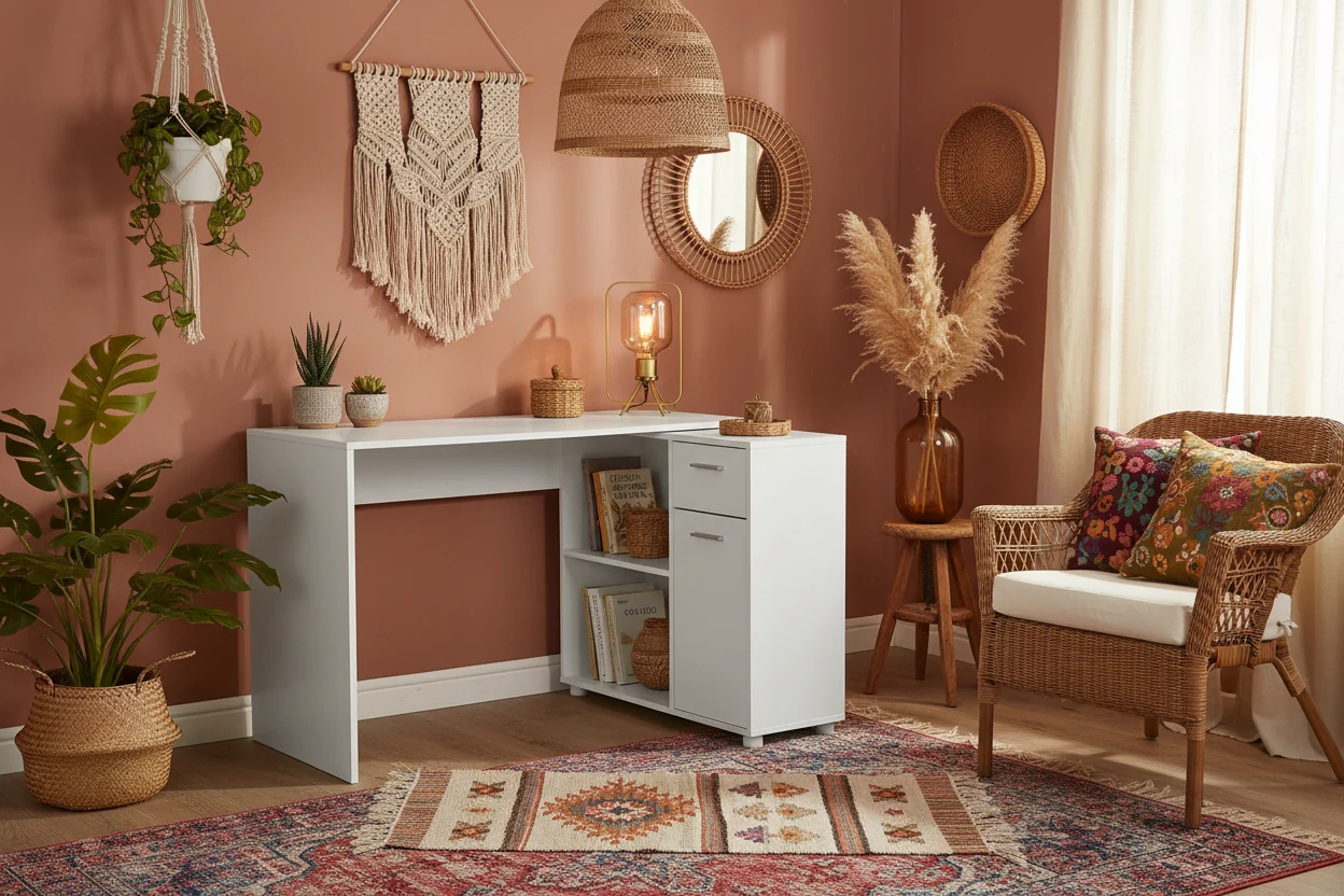 46 L-Shaped Office Desk with Cubbies, Drawer & Cabinet