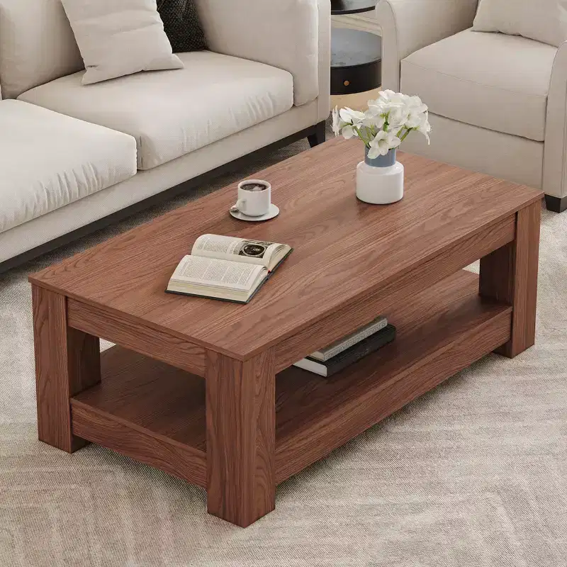 Walnut 2-Tier MDF Coffee Table, Rectangular Industrial Style Non-Toxic Finish Table for Living Room Bedroom Study