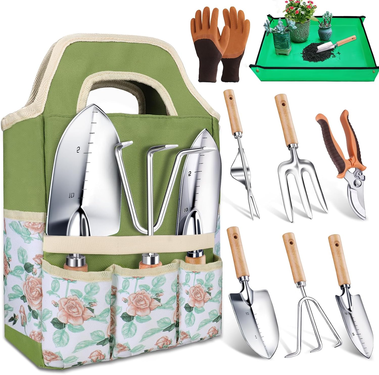 Garden Tools Set with Tote Bag, Gloves and Repotting Mat for Outdoor Planting