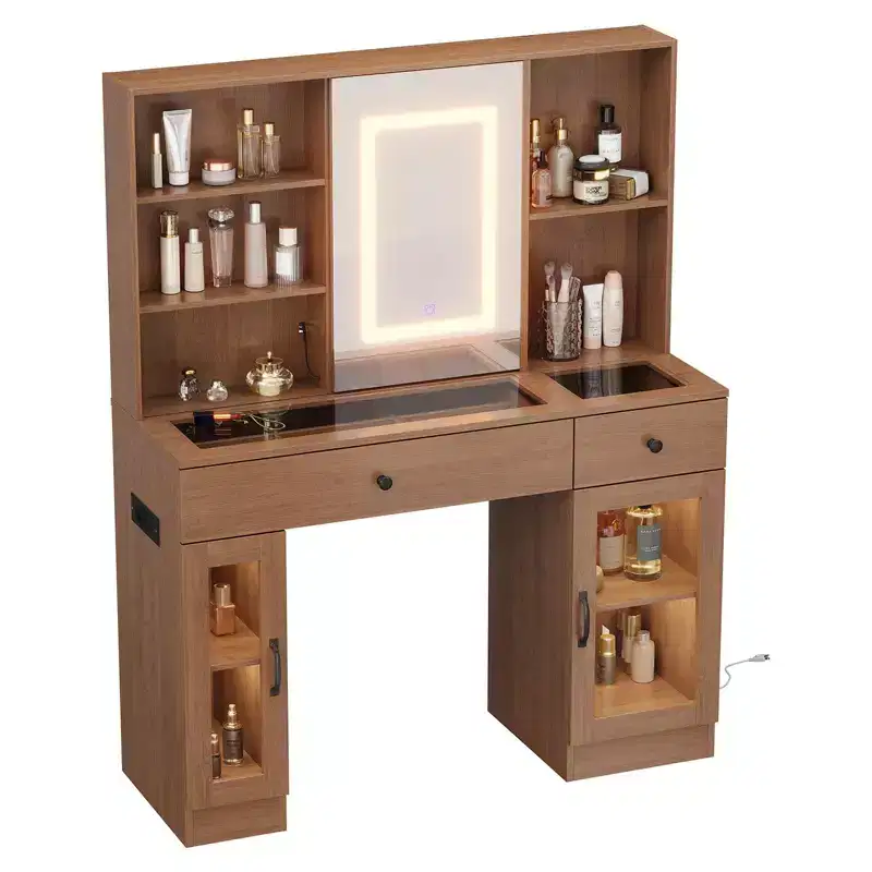 Large vanity table with sliding mirror and three-color lights, featuring storage drawers, shelves, cabinets, and ports, made of MDF, easy to assemble
