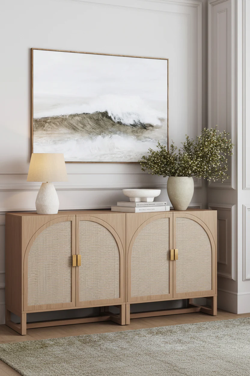 Rattan Arched TV Console Stand for TVs up to 65 Raw Oak