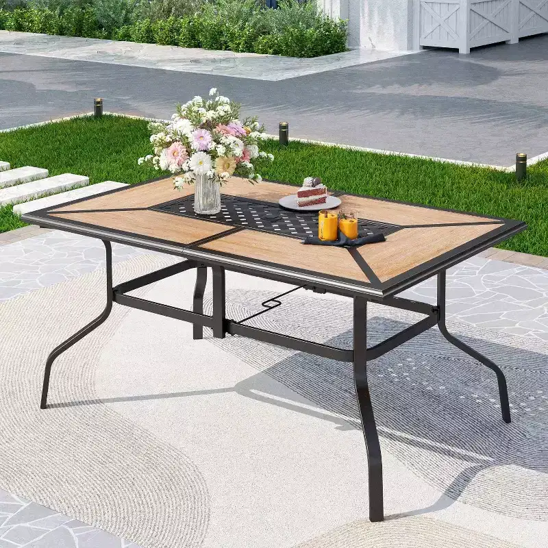 7pc Outdoor Dining Set with Swivel Chairs with Seat & Back Cushions & Faux Wood Table with Metal Frame & Umbrella Hole - Captiva Designs