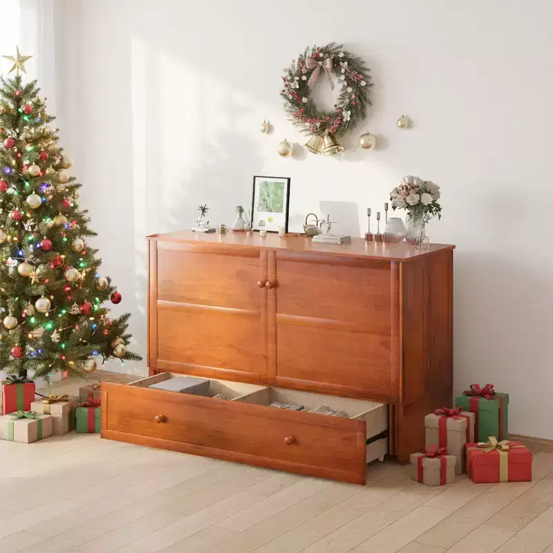 Mjkone Murphy Bed Cabinet , Modern Murphy Bed Queen with Mattress, Built-in USB Charging Station& Drawers