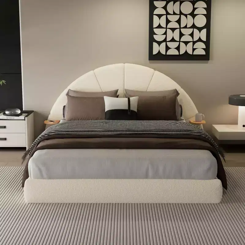 Beige Arched Boucle Upholstered Bed Frame with Built-In Side Table, Soft Texture and Stable Floor-Standing Design for Chic Bedrooms, Queen