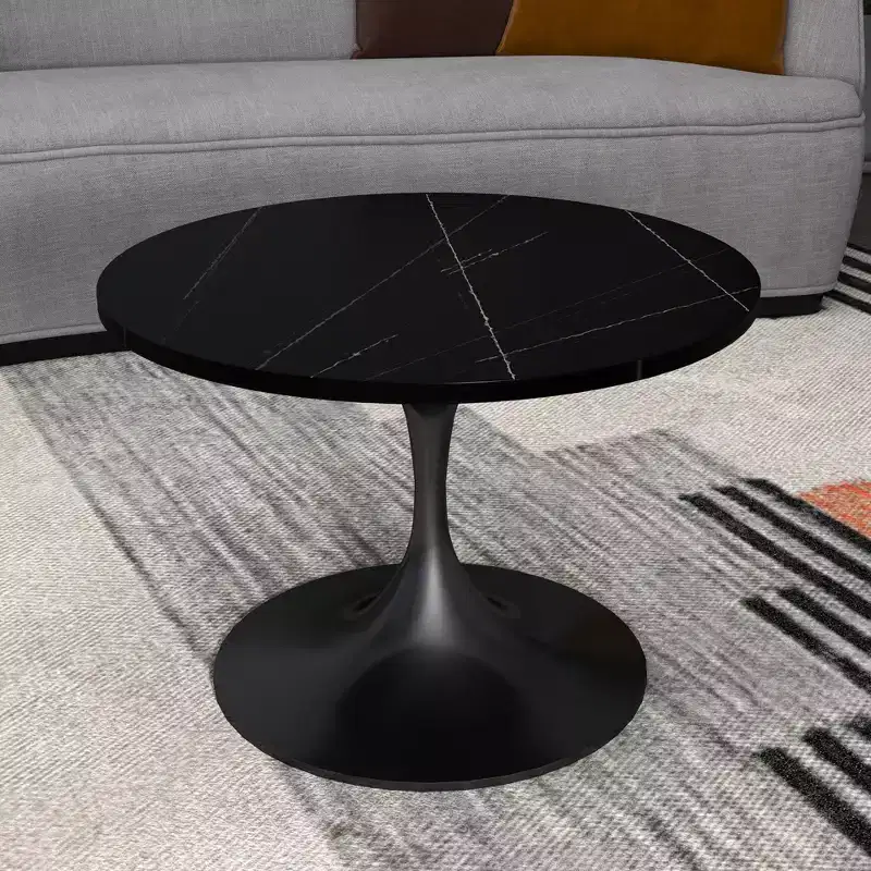 LeisureMod Verve 24 Round Coffee Table - Sintered Stone Top and Modern Black Pedestal Base Accent Table for Contemporary Living Room