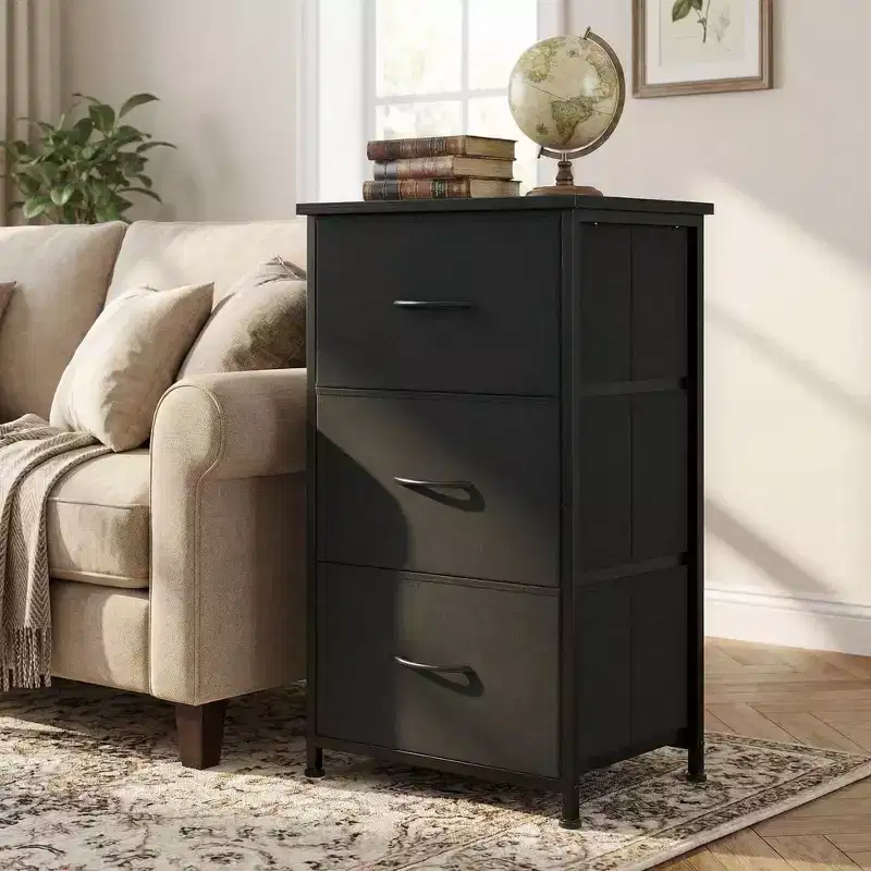3 Drawer Dresser with Fabric Bins, Compact Wood Grain Storage Organizer for Bedroom, Closet, Entryway