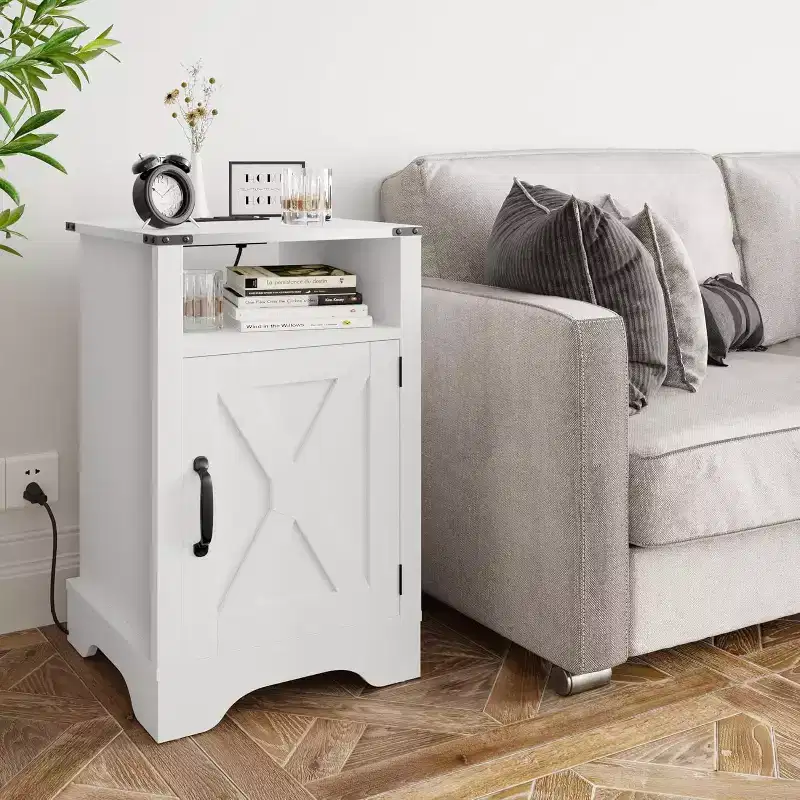 Tall Nightstand with Charging Station, White End Table with Storage, Large Wooden Rustic Bedside Table for Bedroom, Home Office