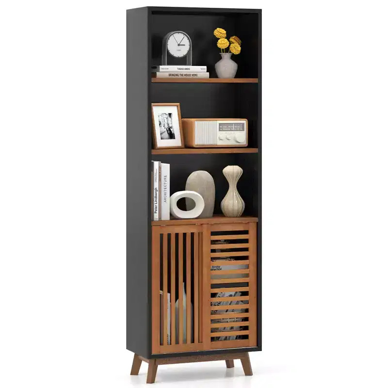 Costway 70 Bookshelf, 5-Tier Bookcase with Reversible Adjustable Shelf & Sliding Doors