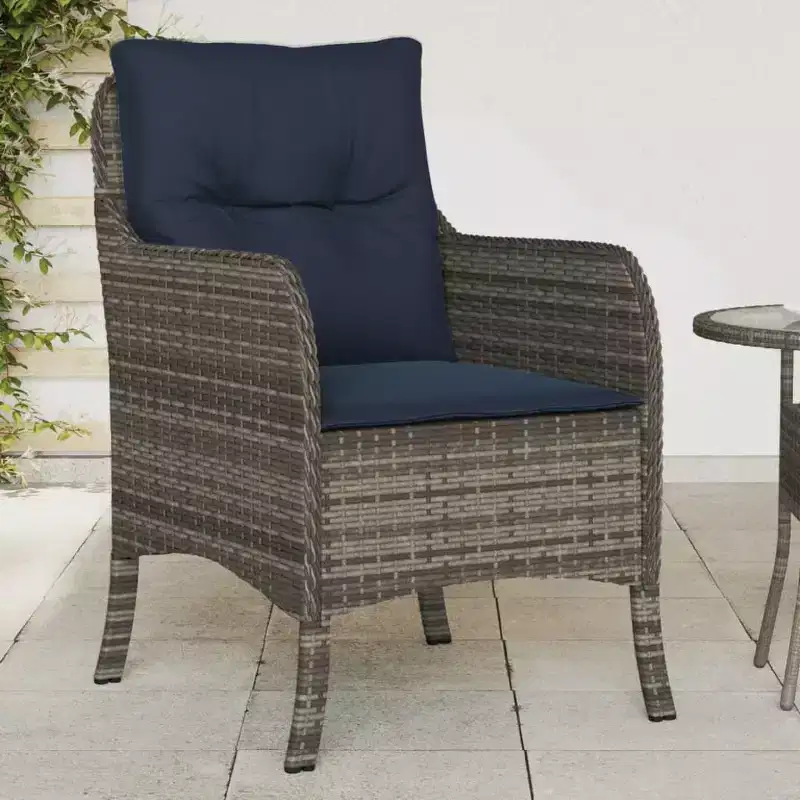 vidaXL 2 pcs Gray Poly Rattan Patio Chairs - Navy Blue Cushions, Weather-Resistant, Garden/Outdoor Seating, Washable Covers, 23x26.4x33.9