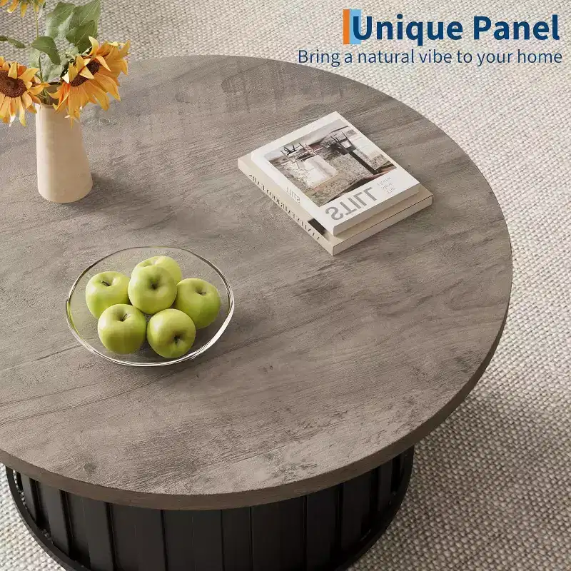 Acekool Modern Round Coffee Table, Fluted Mushroom Shape, MDF Top, Black Metal Base, 31.9, Easy Assembly