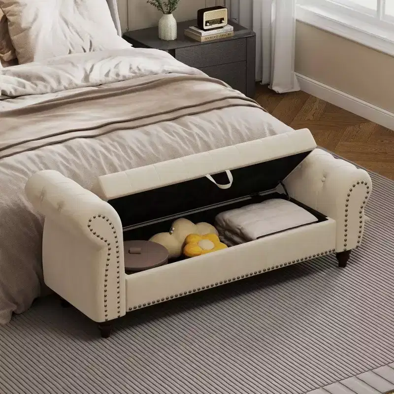 TUYOHW Rectangle Storage Bench,64.5 End of Bed Ottoman Bench with Nail Tufted Design,Linen Ottoman for Living Room,Bedroom,Entryway