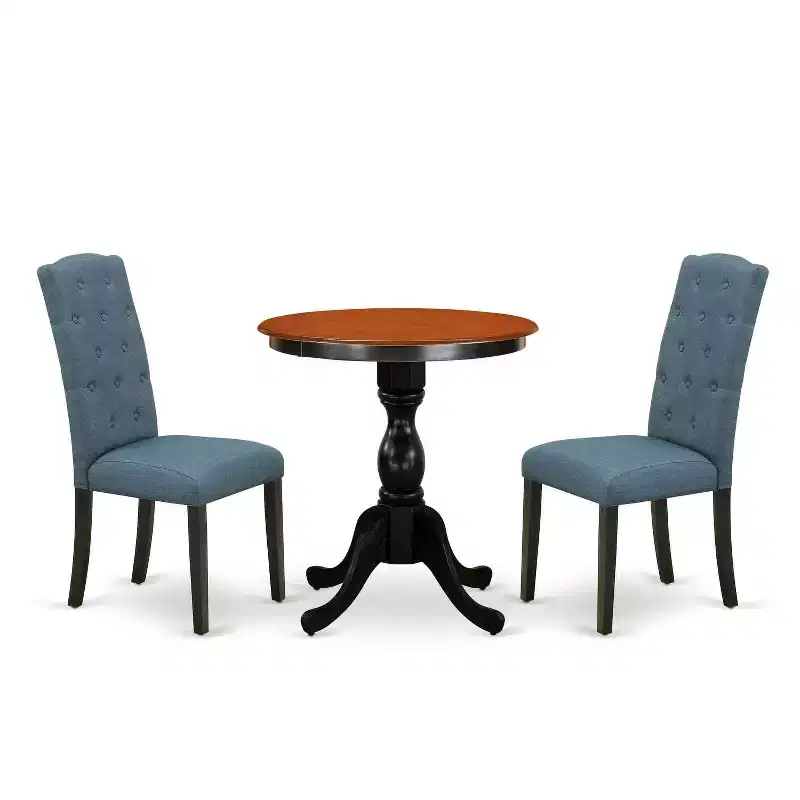 3-Piece Black and Cherry Finish Solid Wood Top - Button Tufted Upholstered Dining Room Set - Seats 4