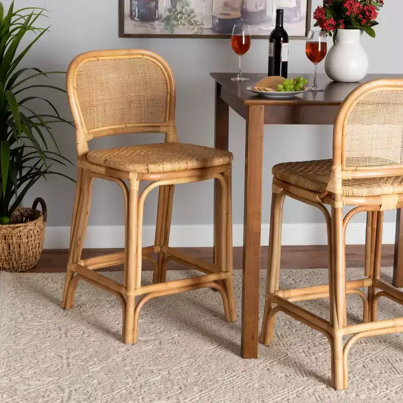 Rattan Counter Height Barstool Natural Brown, Fixed Height, No Assembly, Spot Clean