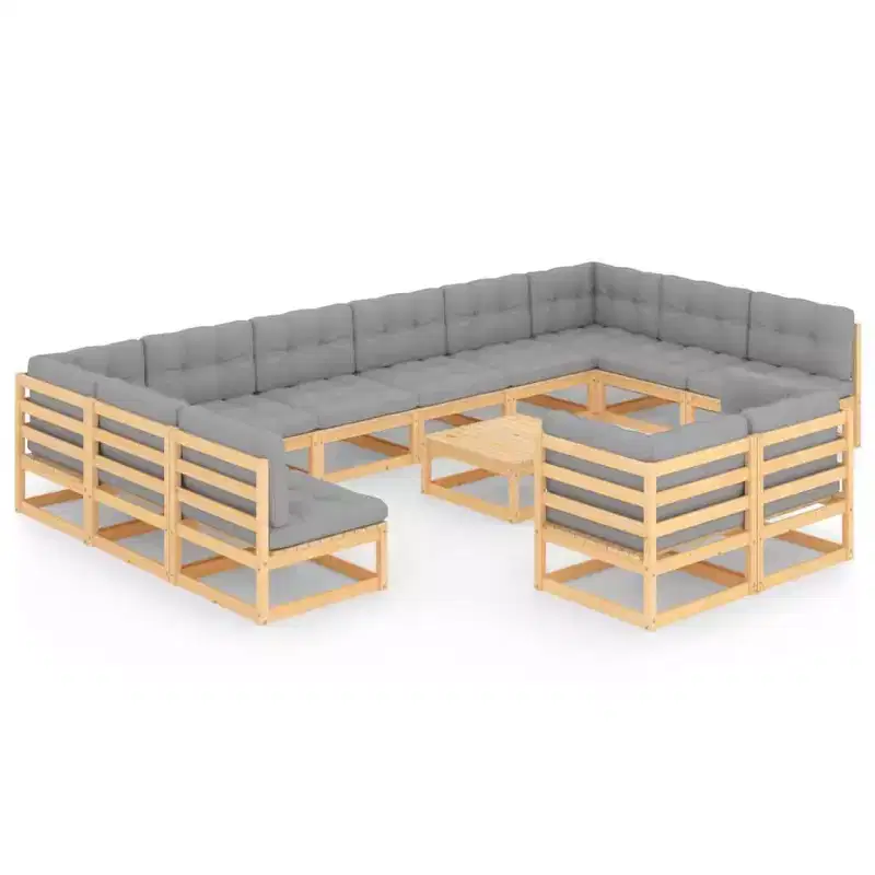 vidaXL Garden Lounge Set Natural wood, Grey cushions Solid pine wood Large