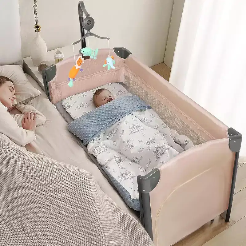 3 in 1 Baby Bedside Bassinet, Bedside Sleeper with Mattress and Sheet, Convert to Bassinet, Playpen, Foldable Travel Baby Bed