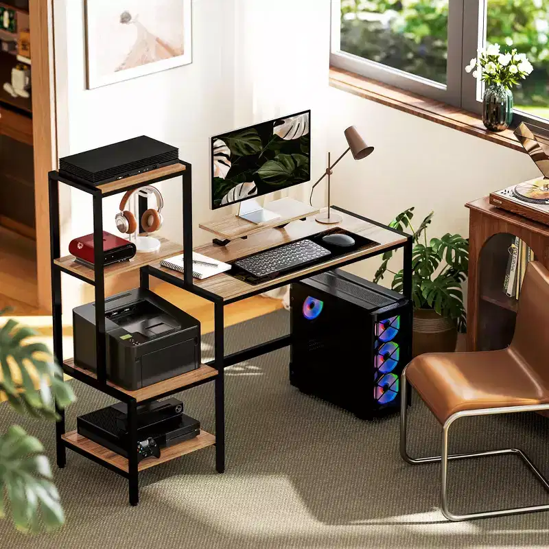 Computer Desk with Monitor Stand, 4-Tier Reversible Home Office Desk with Printer Shelf or CPU Stand, Industrial Writing Desk, Brown