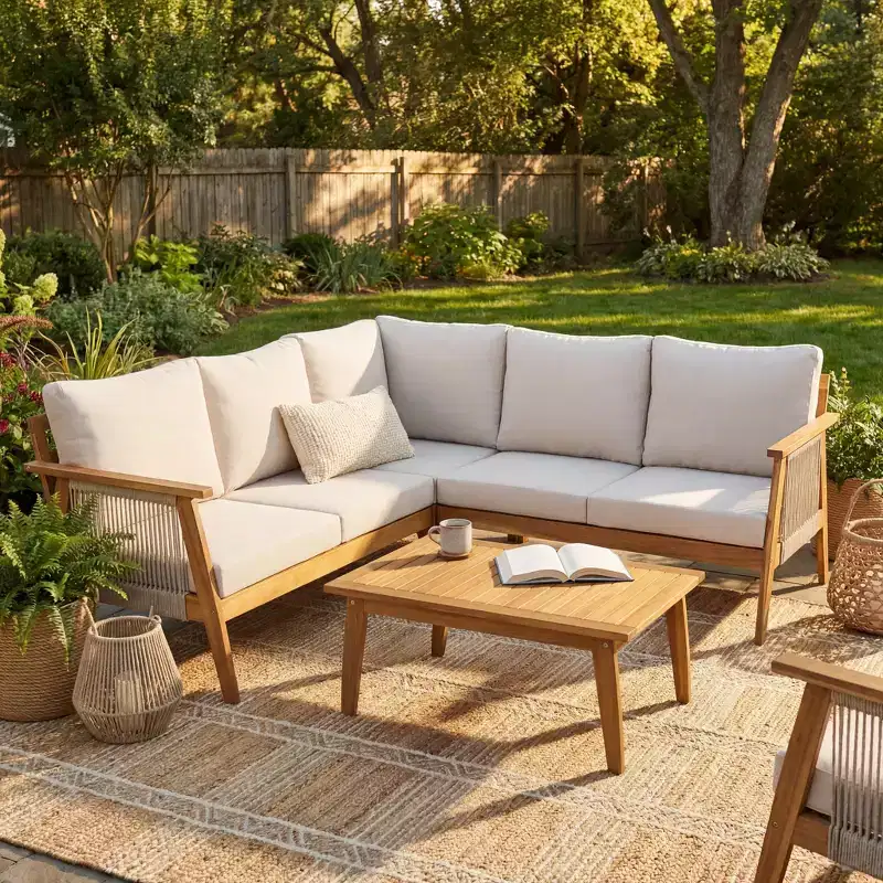 Christopher Knight Home Hanna 4 Piece Outdoor Acacia Wood Sectional Sofa Set with Handwoven Rope