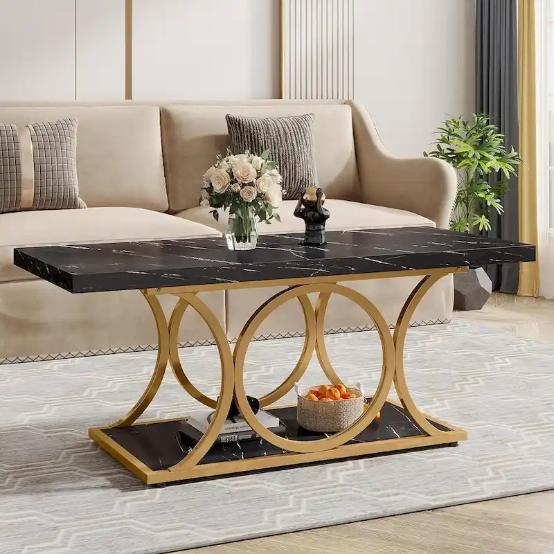 47.24-inch Rectangle Coffee Table, 2-Tier Modern Faux Marble Coffee Tables