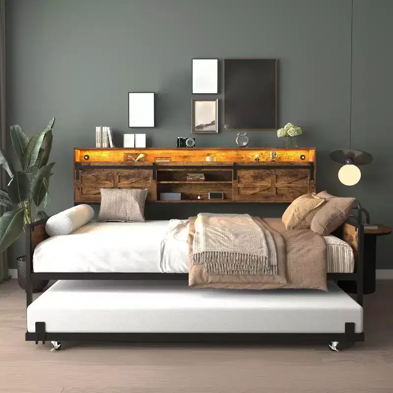 Twin Size Daybed with Trundle, Day Bed Frame with Storage Headboard, Heavy Duty Sofa Platform Bed, Space Saving Day Bed for Living Room Bedroom