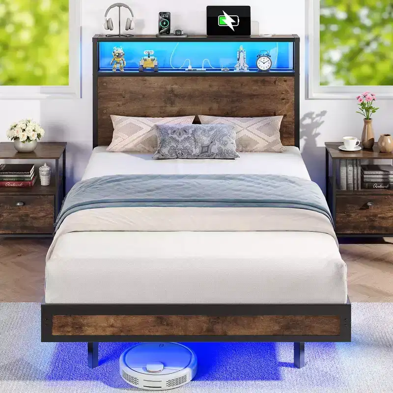 Sailvan Bed Frame with Headboard, Platform Bed Frame with Storage Shelves,Metal Slats, Brown