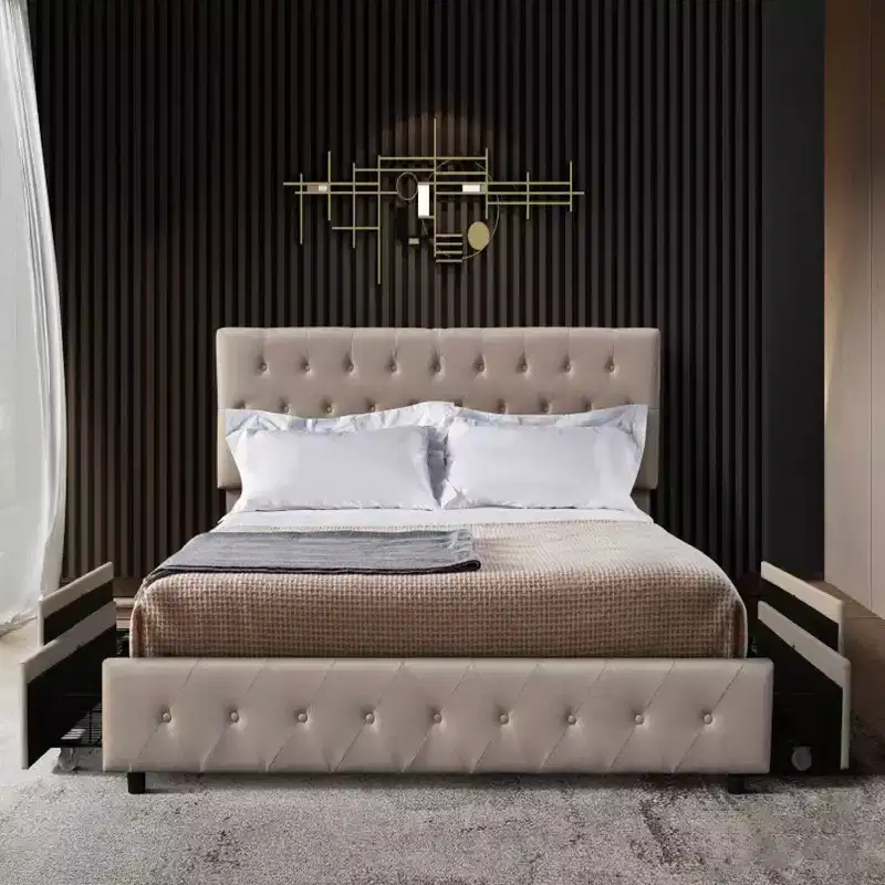 Twin Platform Storage Bed with 4 Drawers & Tufted Headboard, Beige