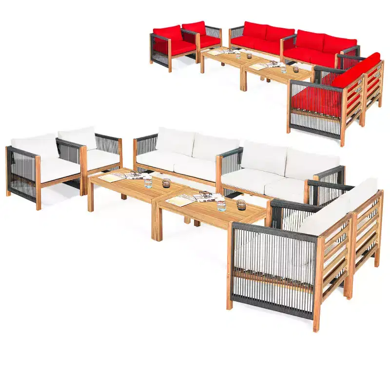Costway 8 PCS Wood Outdoor Patio Furniture Set with Cushions White Red Cushion Cover Sets White+Red/Turquoise
