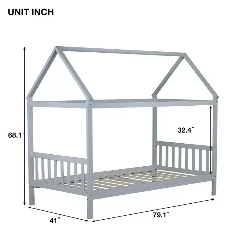 MAYEERTY Twin Rubber Wood Bed with House Frame Gray