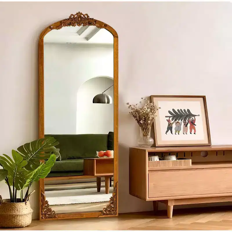 PexFix 21 in. W x 64 in. H Rustic Arched Solid Wood Framed DIY Carved Full Length Mirror in Golden