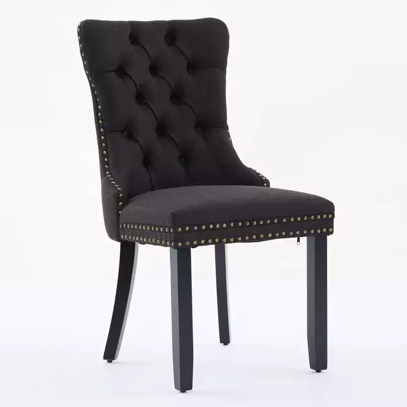 CLIHOME Set of 2 High-end Tufted Solid Wood Contemporary Flax Upholstered Linen Dining Chair with Wood Legs Nailhead Trim
