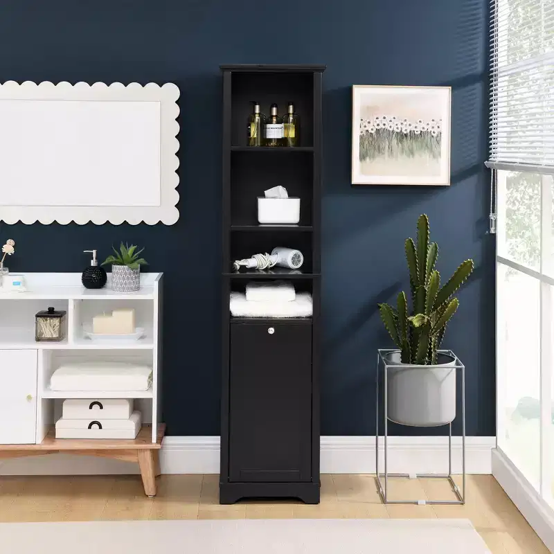 GDFStudio Helen Modern 63.8 Tall Bathroom Storage Cabinet with Adjustable Shelves, Laundry Hamper and Hidden Clothes Storage