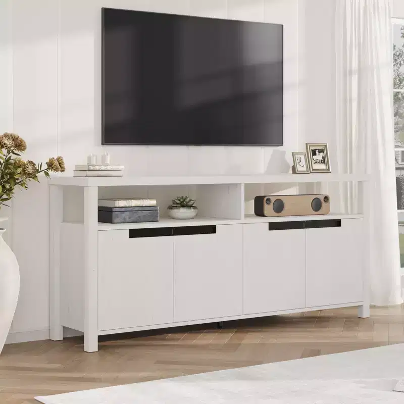 63'' TV Stand for TVs up to 70'', Farmhouse Entertainment Center with 4 Door and Open Shelves, Wooden Media Console for Living Room, Bedroom