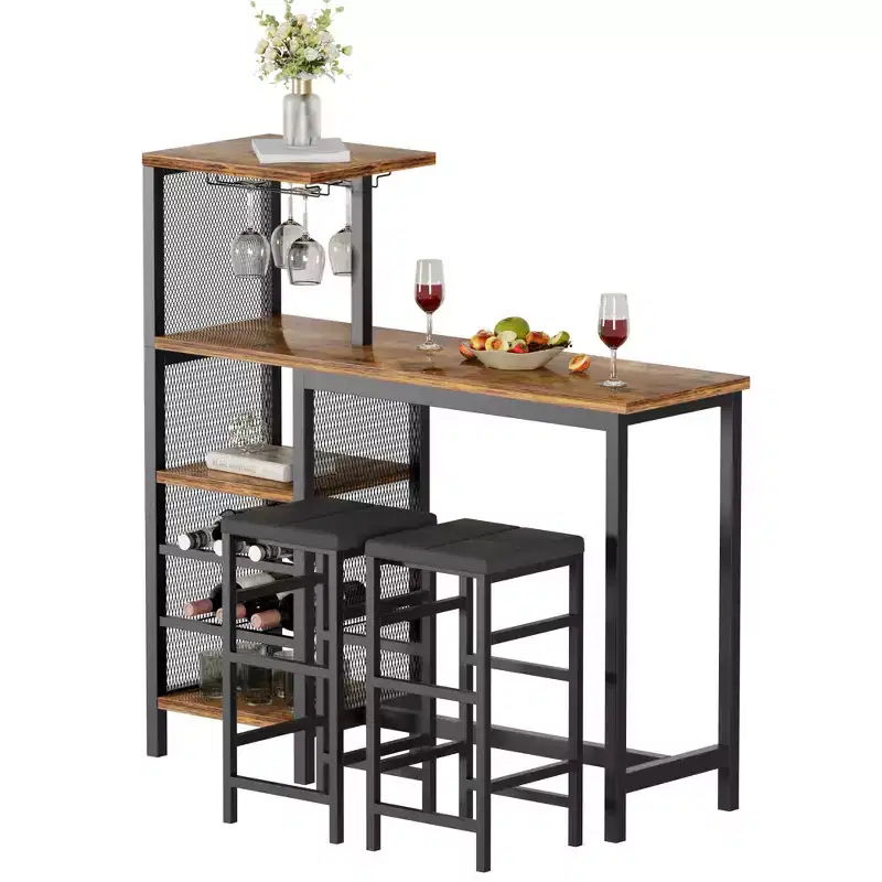 VECELO 3pcs Counter Height Dining Set Bar Table and Chairs Set for 2 with Cup Holder & Wine Rack, PU Leather Cushion Stools, Brown/Gold