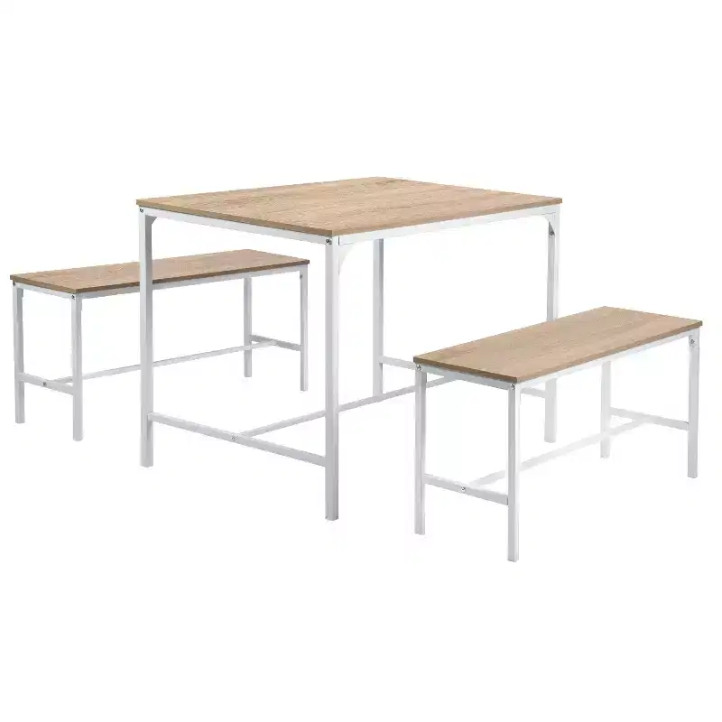 FurnitureR Dining Table Set 3 Pieces, 43.3 Inch Kitchen Table with 2 Dining Benches for 4, MDF Board, Dinette for Home, Restaurant, Beech White