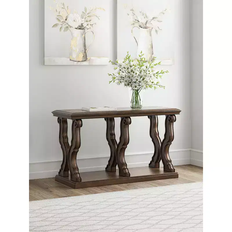 Signature Design by Ashley Maylee Sofa Table, Dark Brown Finish with Scroll Design Legs, Hardwood Solids with Oak & Ash Veneers