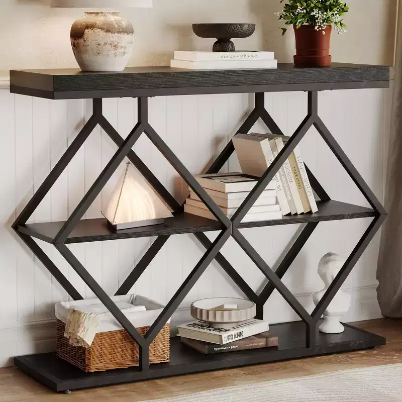 Console Table 3-Tier  Industrial Entryway Table with Diamond-Shaped Metal Frame, Open Shelf Storage, Accent Table for Living Room, Hallway & Foyer