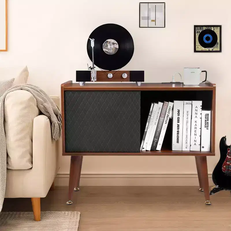 Record Player Stand with Vinyl Storage, Record Player Table Holds Up to 300 Albums, Turntable Stand with Charging Station for Living Room Bedroom