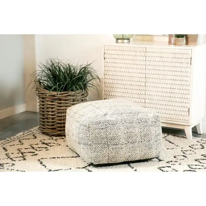 Square Upholstered Floor Pouf Ottoman, Medium Size, Cream Fabric