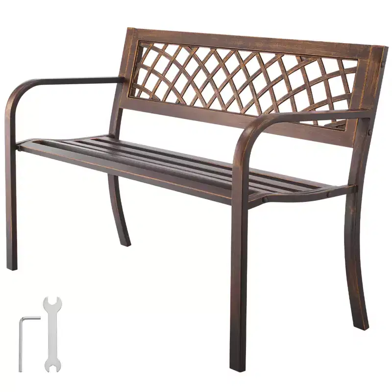 VEVOR Outdoor Bench, 46 inch, Carbon Steel Metal Frame with PVC Mesh Pattern Backrest and Round Edge Armrests, Weatherproof Outside Bench, Brown