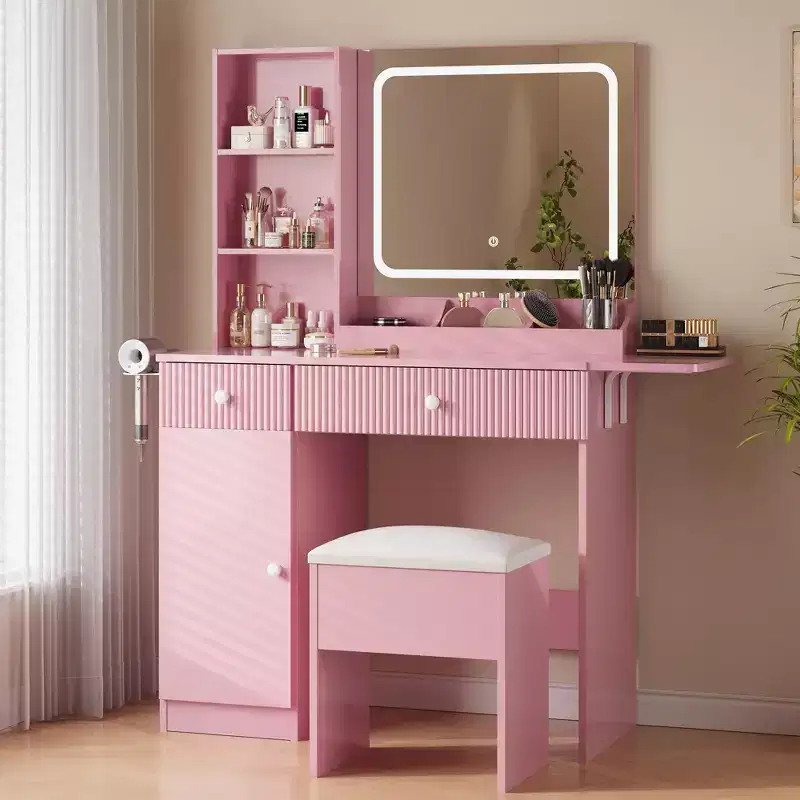 GustoWave Vanity Desk with Mirror and Lights, Power Outlets Makeup Table with Drawers & Cabinet, Storage Stool, Dressing Table for Bedroom