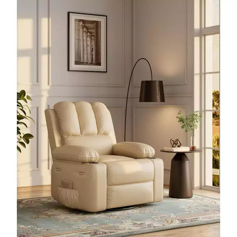 Oversized Manual Recliner - 21.2 Wide PU Leather Chair w/ Cup Holders & Thick Padding for Living Room